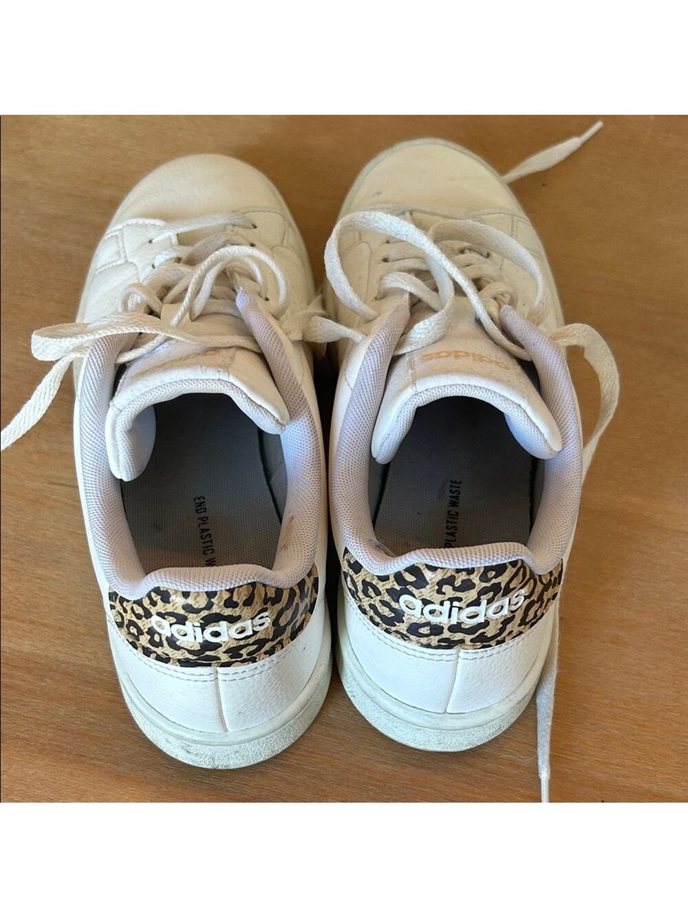 Adidas Advantage Leopard Print Heel White and Gold Lace-Up Sneaks.